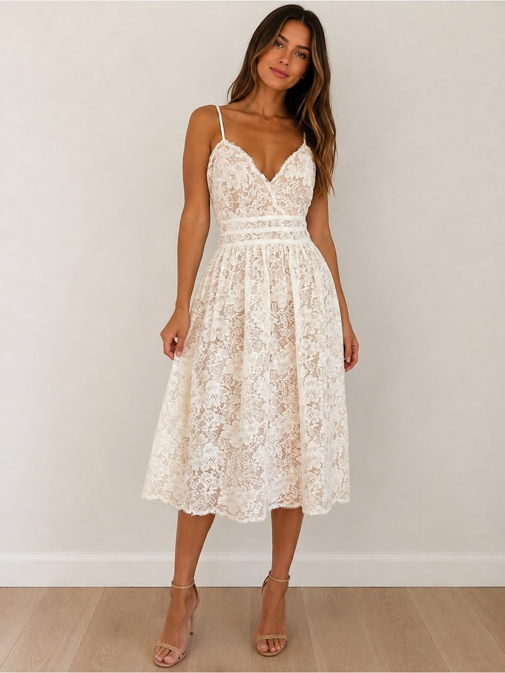 Lulus Ivory Floral Lace Midi Dress XL V-Neck “Treasure Me White Lace Midi”